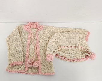 Vintage 1950's Knitted Baby Girl Sweater Jacket and Matching Bonnet - Pink Trim and Pom Poms