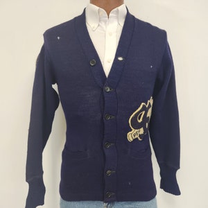 Vintage 1930&#39;s Navy Blue Puritan Pep Club Size Small Wool High School / College Cardigan Sweater - AS IS