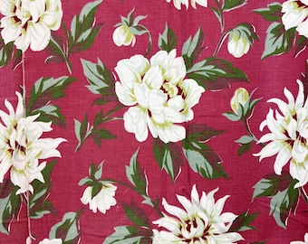 Vintage 1940er - 50er Jahre Borkentuch Tiefrot mit Pfingstrosen? - 3 Stange Taschen Panel Drapieren - Vorhänge