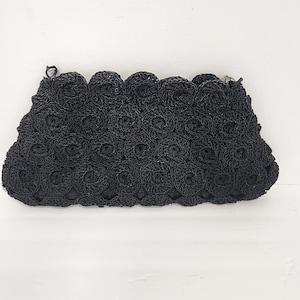 Vintage 1950&#39;s - 60&#39;s Ladies Black Crocheted Clutch Purse - Handbag - Top Zipper Closure