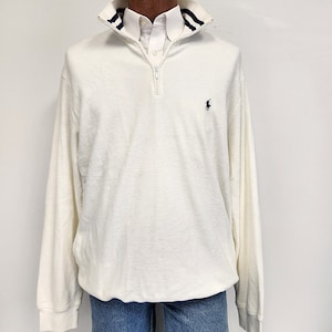 Vintage 1980&#39;s - 90&#39;s Polo Ralph Lauren Ivory Terry Cloth 1/4 Zip Pullover Tennis or Cricket Sweater
