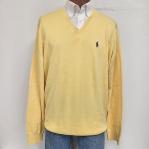 Vintage 1990&#39;s Men&#39;s XLT or XXLT Polo Ralph Lauren Yellow Pima Cotton V-Neck Sweater
