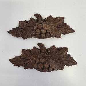 May include: Two brown, decorative grape and leaf appliques. Each applique features a cluster of grapes and detailed leaves, with a textured, aged appearance. The appliques are likely made of a cast material.