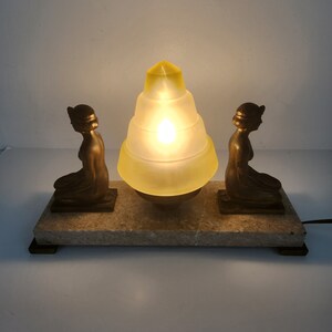 Vintage 1930's Art Deco Tabletop Bronze ? and Marble with Amber Wedding Cake Globe Lamp