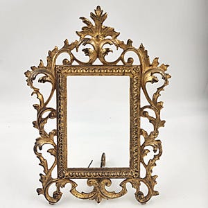 Vintage Turn of the Century Brightly Painted Gold Tone Iron Filigree Standing Picture Frame
