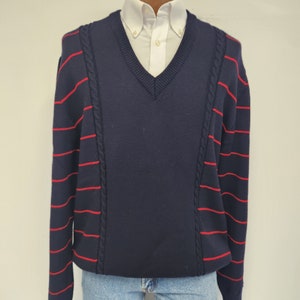 Vintage 1970&#39;s Men&#39;s Large Ellesse Italy Wool Navy and Red V-Neck Sweater