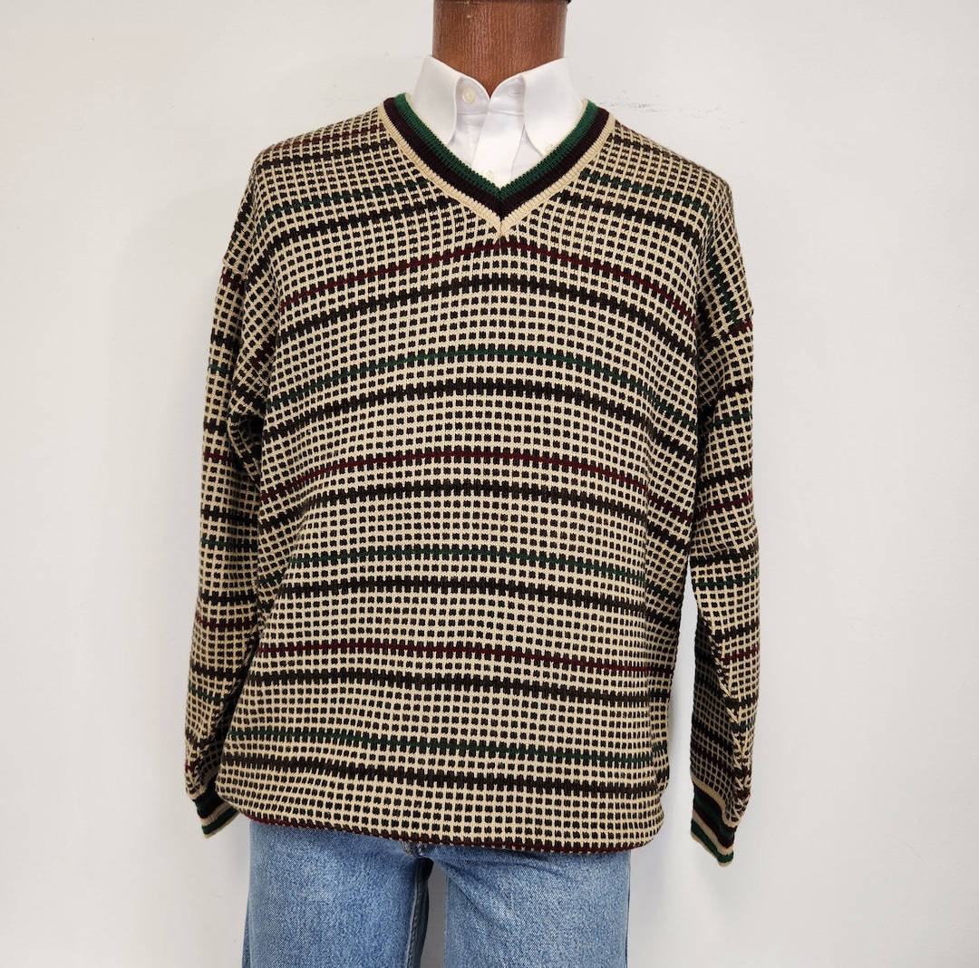 Vintage 1980 s Men s X large Priknit Multi Color V Neck Sweater Etsy UK