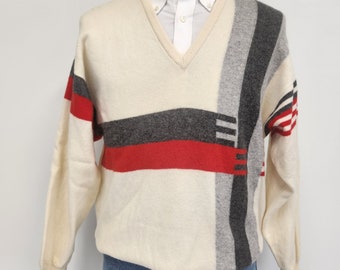 Vintage 1970's Men's Medium Lyle & Scott Lambswool Geometric Design V-Neck Sweater