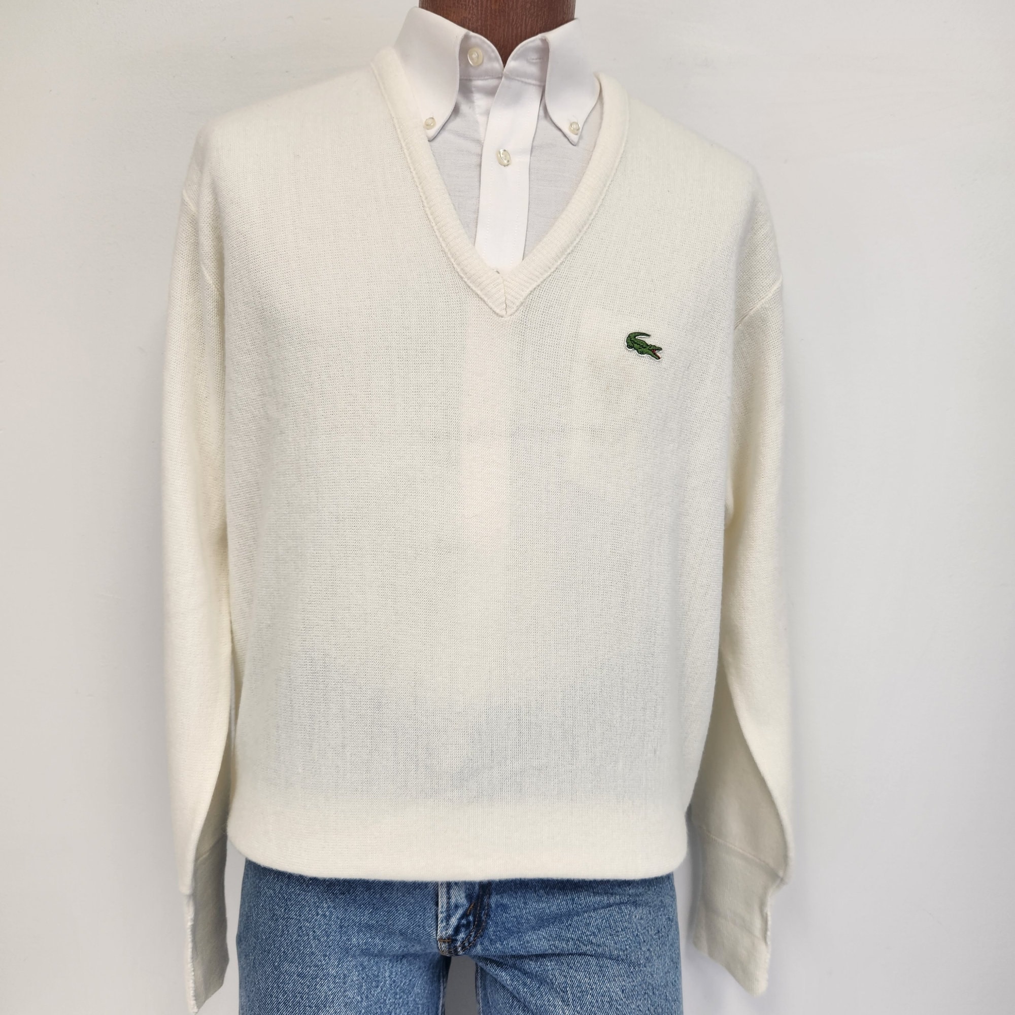 Vintage 1960 s 70 s Izod Lacoste 100 Orlon Acrylic Large off White V neck Sweater Etsy