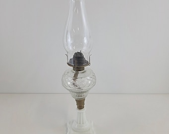 Vintage Oil/Kerosene Milk Glass and Clear Glass Lamp with Chimney Shade