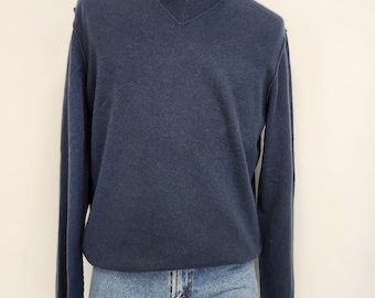 Suéter vintage de cuello en V azul vaquero 100 % cachemira para hombre, talla mediana o grande, de corte ajustado, de los años 90