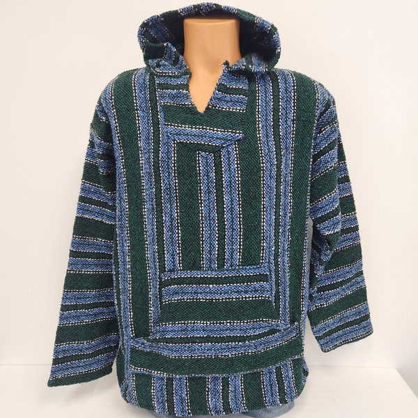 Pre Y2K-Mexican Large X-Large Poncho Hoodie Pullover Hippie Baja Surfer Skater Drug Rug Shirt Sweater