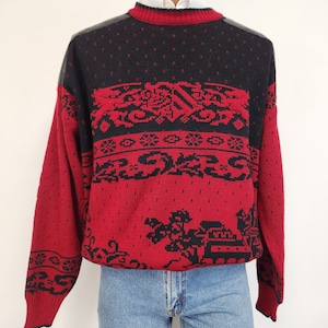 Vintage 1970&#39;s Charleston Bay Deep Red - Black & Black Leather? Crewneck Ski Sweater