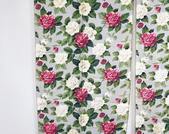 Pair of Barkcloth Drapery Panels Gray with White And Pink Flowers Roses Peonies