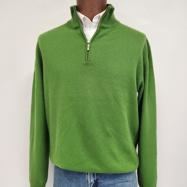 Vintage 1990's Men's Manrico Kelly Green Large 100% Cashmere 1/4 Zip Sweater AS IS image 1