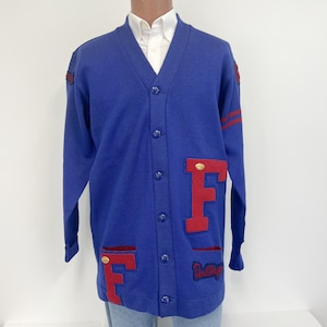 Vintage 1950&#39;S Royal Blue and With Red Lettering and Gold Tone Sports Medals Letterman Sweater  | Frank