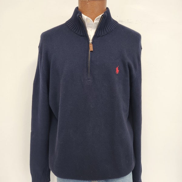 Vintage 1990's Polo Ralph Lauren Men's XL 100% Cotton Navy Blue with Red Pony 1/4 Zip Sweater