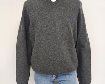 Vintage 1990's Men's Polo Ralph Lauren Gray 100% Lambswool X Large V-Neck Sweater