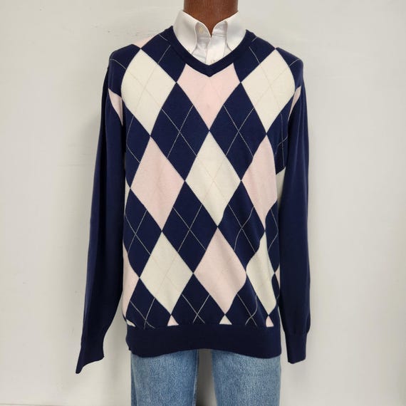 Vintage Men's Large Gap Navy Pink and White Argyle V-neck Cotton