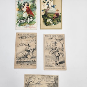 Lot de 5 cartes publicitaires victoriennes vintage de la fin des années 1800 - Amer - Laxatif - Amidon de lessive