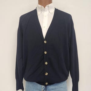 Vintage Tekau Large Men&#39;s Pure New Wool Navy Blue 5 Button Cardigan Sweater