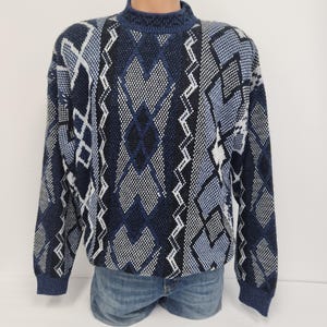 Vintage 1970&#39;s Men&#39;s Large Area by Tag Blues and Black Geometric Crewneck Sweater