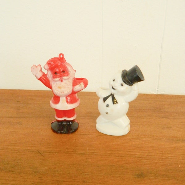 Vintage 1950's Santa & Snowman Lollipop Holders - Small Plastic Kids Christmas Toy / Gift - Santa Ornament Stocking Stuffer