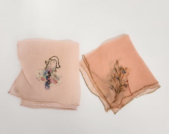 Vintage 1930's Pair of Ladies Silk Pinkish Handkerchiefs - One Floral and One George Washington ?