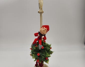 Vintage 1950's - 60's Christmas Felt Pixie - Elf on a Plastic Holly Ball with a Velvet Ribbon Ornament