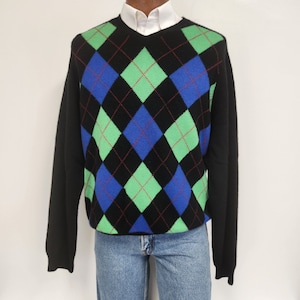 Vintage 1990&#39;s Men&#39;s Ralph Lauren Polo Sport XL Merino Wool Black - Blue and Green Argyle Sweater