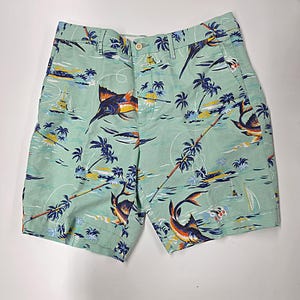 Vintage Men&#39;s Polo Ralph Lauren 33 Inch Waist - Light Green with Swordfish Shorts
