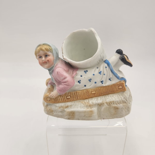 Vintage Late 1800's Little Girl with a Basket Porcelain Match Holder with Striker