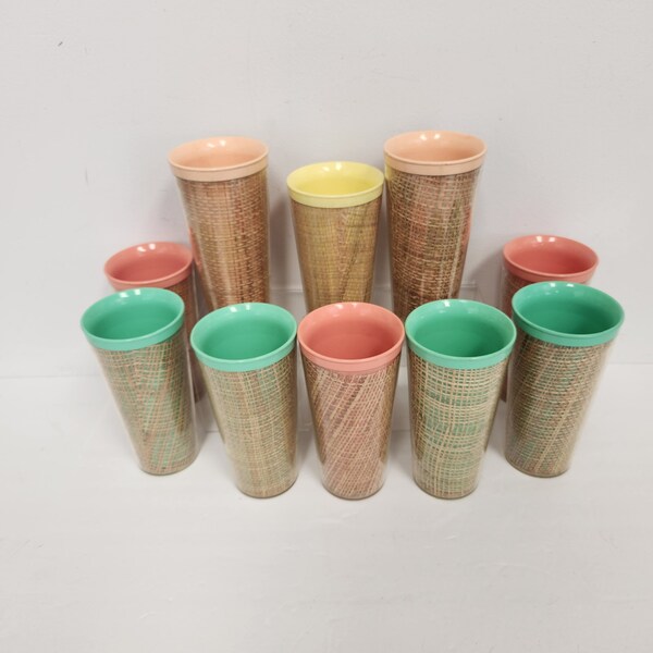 Vintage 1960's Mid Century Set of 10 Assorted Colors Plastic Rattan Insulated Drinking Glasses