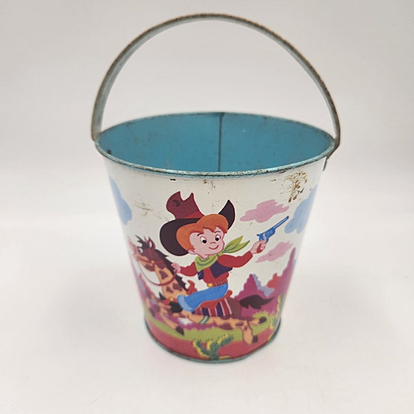 Vintage 1960's Ohio Art Tin Cowboy Toy Bucket - Sand Pile Bucket