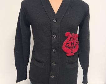 Vintage Black Varsity Cardigan 50s Wool Letterman Sweater