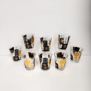 Vintage Mid Century Set of 8 Cera Black and Gold Coin Double High Ball Drinking Glasses