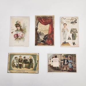 Vintage Spätes 1800er Set mit 5 Werbekarten - Klavier - Orgel - Lions Coffee - Korsetts und Nähmaschinen