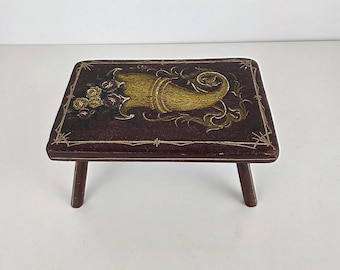 Taburete de madera pintado de estilo antiguo con arte popular - Banco - Reposapiés