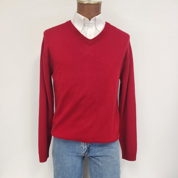 Vintage 1990's NOS Medium Hart Schaffner and Marx Red Extra Fine Merino Wool V-Neck Sweater