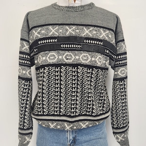 Vintage 1970&#39;s Men&#39;s Medium Barnaby Black, Gray and White Leather Trim Crewneck Sweater