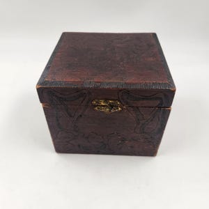 Vintage Wood Pyrography Square Collars and Cuffs Box - Grapes - Face and Religious Carvings