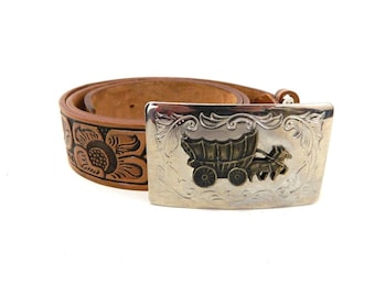 Vintage Wrangler Brown Tooled Horse Leather Belt/silver  display picture 1