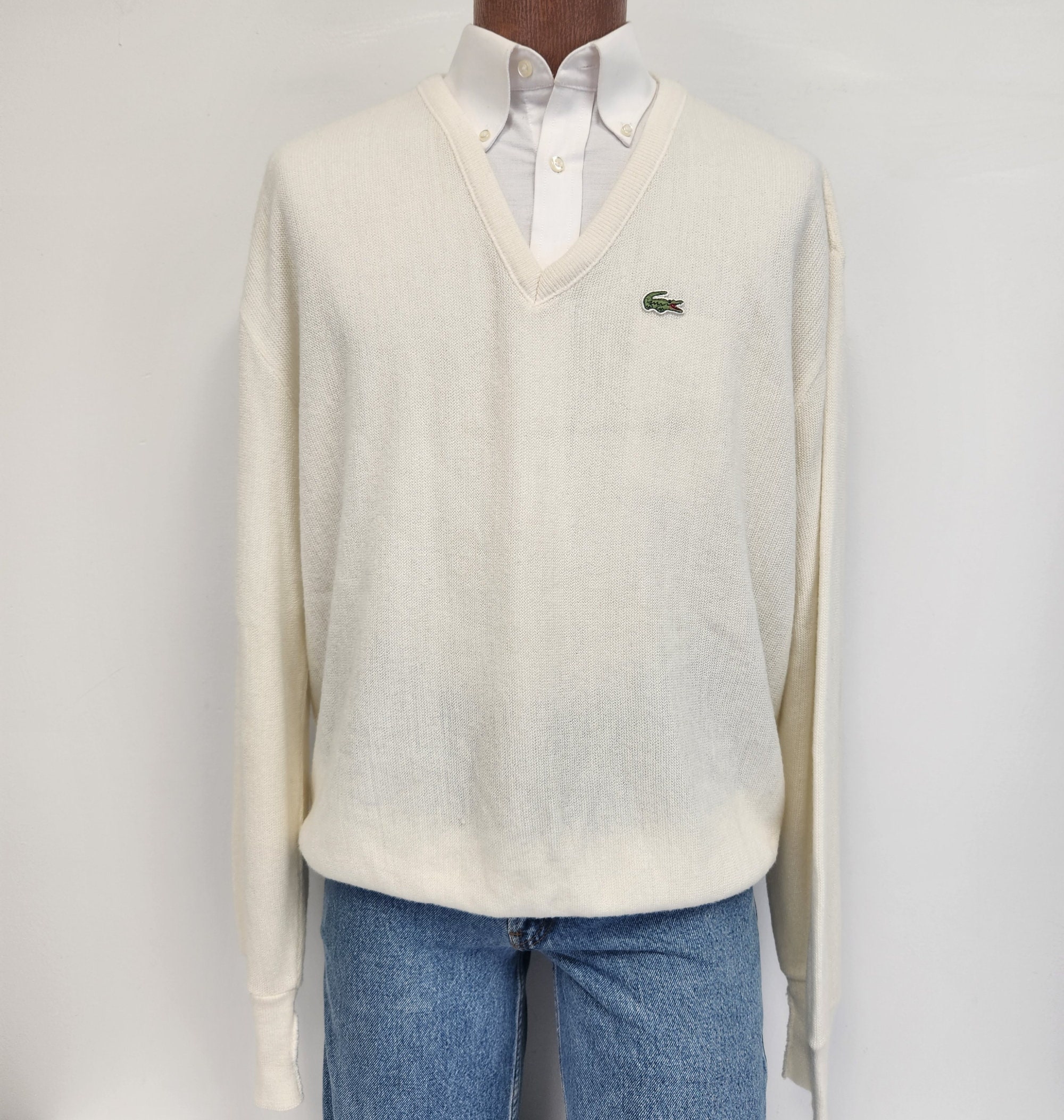 Vintage 70s-80'S Lacoste IZOD acrylic knit cardigan, men's size XL Oron Acrylic ivory Vintage Second Hand