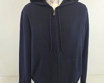 Vintage Bloomingdales 100% kasjmier marineblauwe XL-sweater met capuchon en volledige ritssluiting