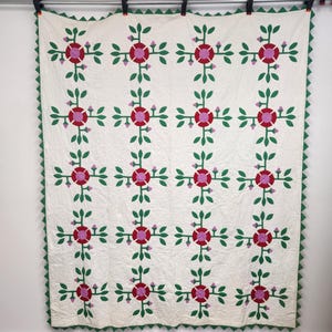 Vintage Hand Appliqued Pink - Red and Green Floral Hand Quilted Handkerchief Edge Quilt