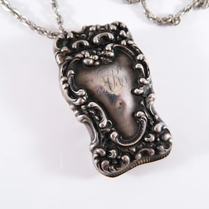 Antique Sterling Silver Match Safe Necklace - Victorian Art Nouveau - Sterling Silver Chain