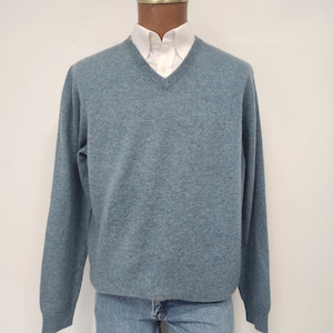 Vintage 1990's Men's Large Club Room Luxury 100% Cashmere Blue Heather V-Neck Sweater