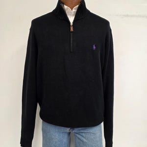 Vintage XL Polo Ralph Lauren Black 100% Cotton 1/4 Zip Sweater with Purple Pony Logo