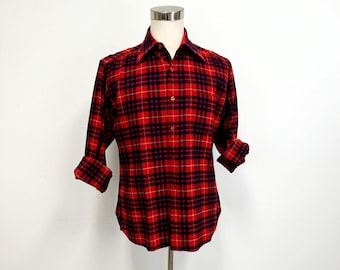 Vintage geruite herenoverhemd | rode en marineblauwe lodge button-down | maat Large