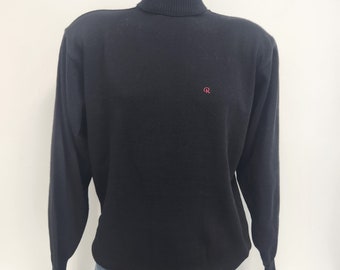 Vintage 1980's Medium? Black Wool? Turtleneck Sweater - Red R Logo on Chest - No Labels